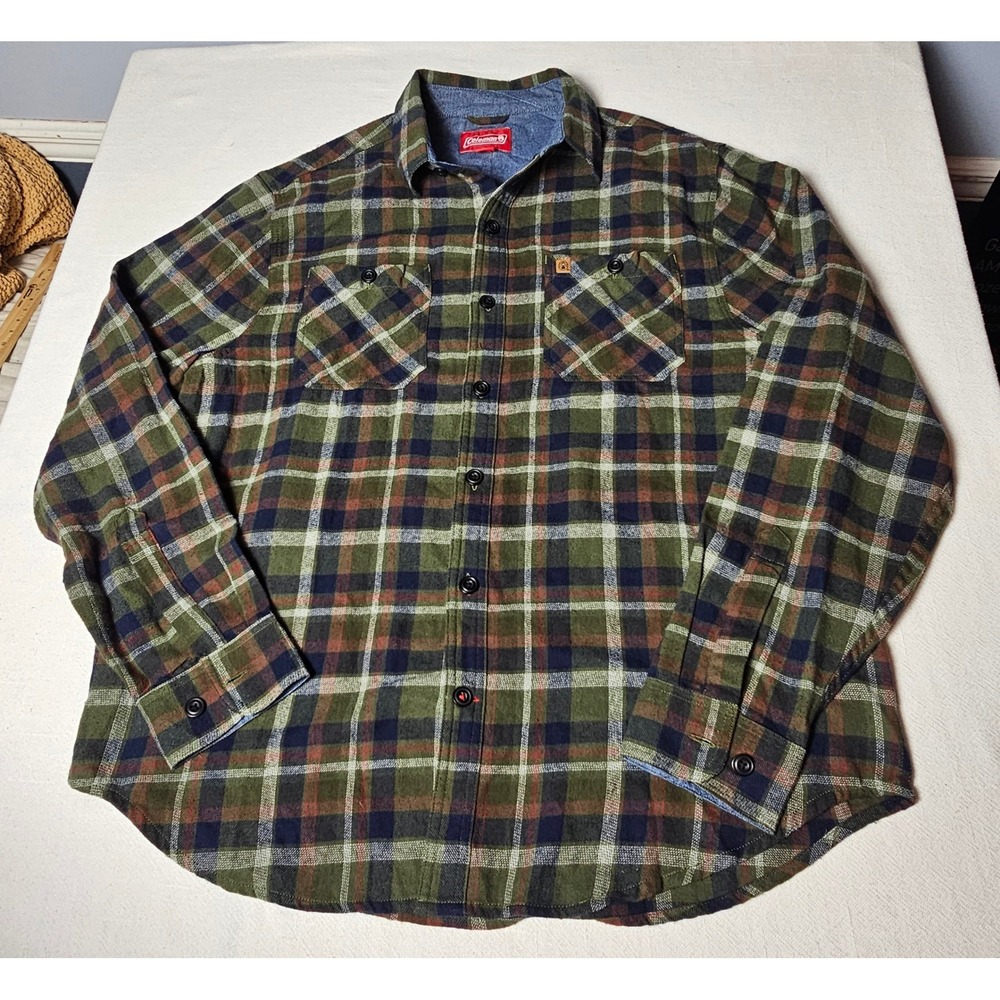 Coleman Mens XL Flannel Shirt Olive Green Plaid Cotton Button Down